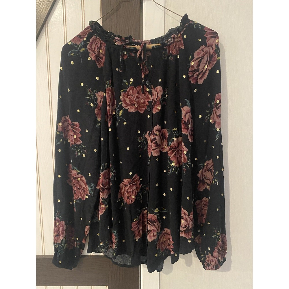 Torrid Floral Metallic Gold Polka Dot Blouse Black Long Sleeve Plus Size 1 1X
